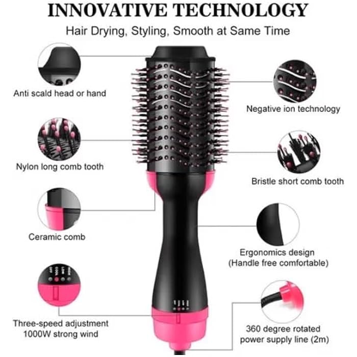 Professional Hair Straightener Brush, Ionic Hair Straightener Brush, Long Lasting & Easy to Use, Fast Heating for Shiny and Soft Hair 1000W - Pink - Image 2